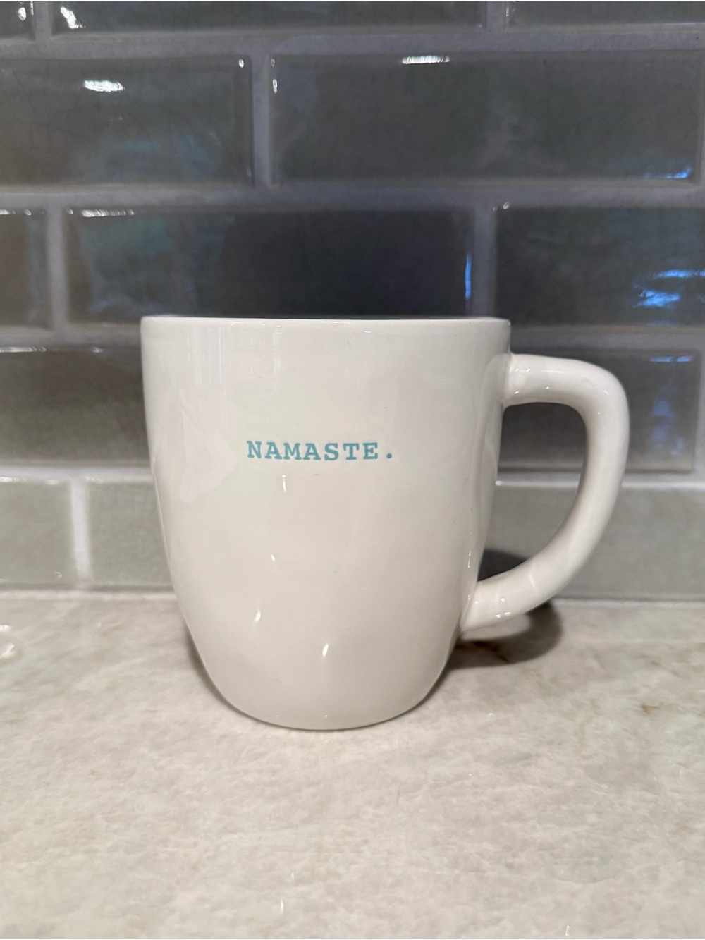 Rae Dunn NAMASTE Mug Teal Interior